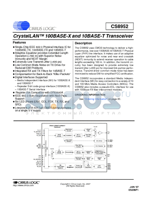 CS8952_07 datasheet - CrystalLAN 100BASE-X and 10BASE-T Transceiver
