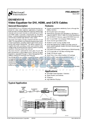 DS16EV5110 datasheet - Video Equalizer for DVI, HDMI, and CAT5 Cables