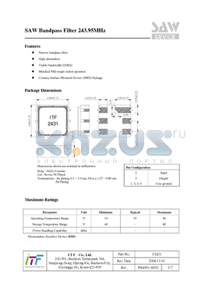 F2431 datasheet - SAW Bandpass Filter 243.95MHz