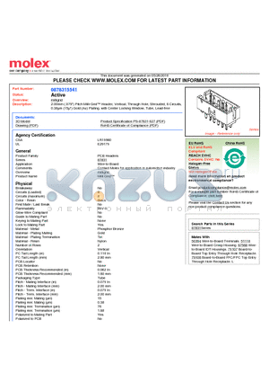 87831-5541 datasheet - 2.00mm (.079) Pitch Milli-Grid Header, Vertical, Through Hole, Shrouded, 8 Circuits, 0.38lm (15l) Gold (Au) Plating, with Center Locking Window, Tube, Lead-free