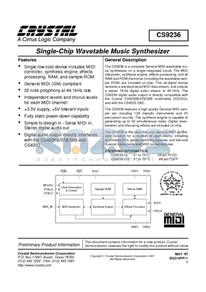 CS9236-CQ datasheet - SINGLE-CHIP WAVETABLE MUSIC SYNTHESIZER