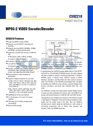 CS92210 datasheet - MPEG-2 VIDEO Encoder/Decoder