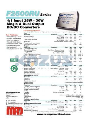 F2511RU datasheet - 4:1 Input 25W - 30W Single & Dual Output DC/DC Converters