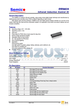 CS9803 datasheet - Infrared Induction Control IC