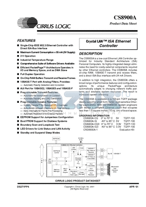 CS8900A-CQ datasheet - Crystal LAN TM ISA Ethernet Controller