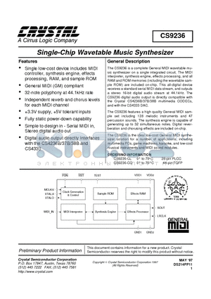 CS9236-CL datasheet - SINGLE-CHIP WAVETABLE MUSIC SYNTHESIZER