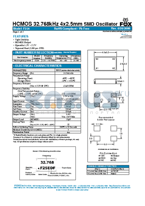 F254 datasheet - HCMOS 32.768kHz 4x2.5mm SMD Oscillator