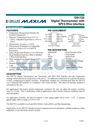 DS1722S datasheet - Digital Thermometer with SPI/3-Wire Interface