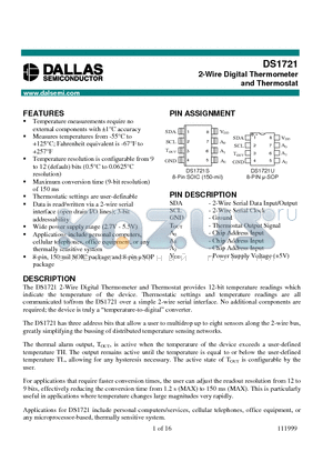 DS1721 datasheet - 2-Wire Digital Thermometer and Thermostat