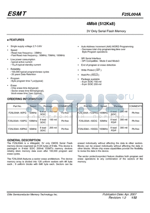 F25L004A-100PAG datasheet - 4Mbit (512Kx8) 3V Only Serial Flash Memory