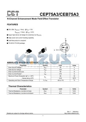 CEP75A3 datasheet - N-Channel Enhancement Mode Field Effect Transistor