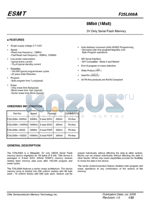 F25L008A-100DG datasheet - 8Mbit (1Mx8) 3V Only Serial Flash Memory