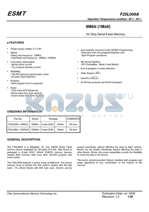 F25L008A-100PAIG datasheet - 8Mbit (1Mx8) 3V Only Serial Flash Memory