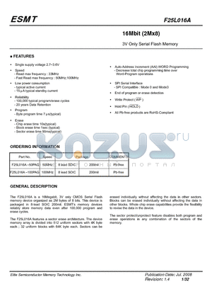 F25L016A datasheet - 16Mbit (2Mx8) 3V Only Serial Flash Memory