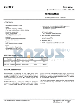 F25L016A datasheet - 16Mbit (2Mx8) 3V Only Serial Flash Memory