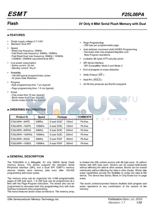 F25L08PA datasheet - 3V Only 8 Mbit Serial Flash Memory with Dual