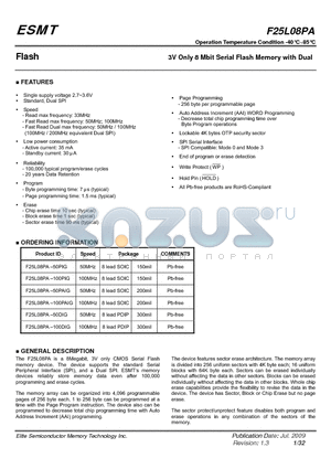 F25L08PA-100PIG datasheet - 3V Only 8 Mbit Serial Flash Memory with Dual