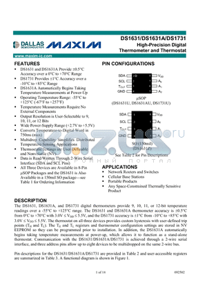 DS1731U datasheet - High-Precision Digital Thermometer and Thermostat