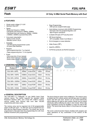 F25L16PA-50PAG datasheet - 3V Only 16 Mbit Serial Flash Memory with Dual