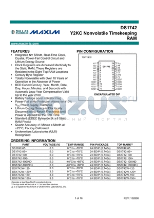 DS1742-100 datasheet - Y2KC Nonvolatile Timekeeping RAMwww.