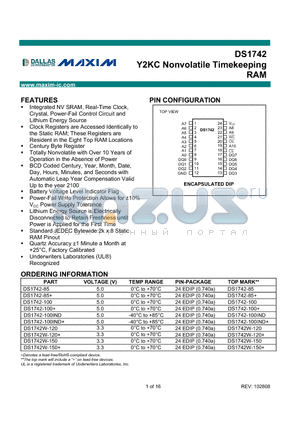 DS1742-100+ datasheet - Y2KC Nonvolatile Timekeeping RAMwww.