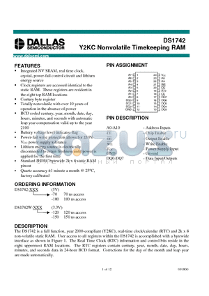 DS1742 datasheet - Y2KC Nonvolatile Timekeeping RAM