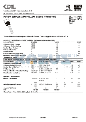 CSA1013 datasheet - PNP/NPN COMPLEMENTARY PLANAR SILICON TRANSISTORS