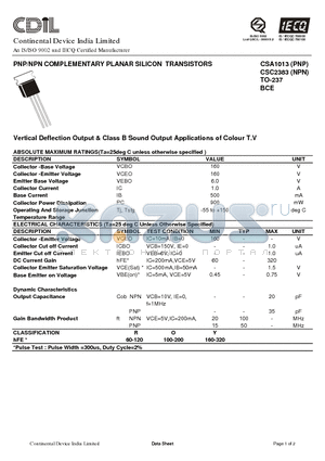 CSA1013O datasheet - PNP/NPN COMPLEMENTARY PLANAR SILICON TRANSISTORS