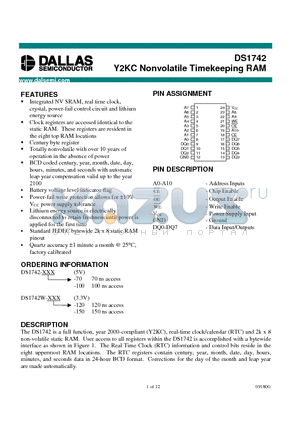 DS1742W-120 datasheet - Y2KC Nonvolatile Timekeeping RAM