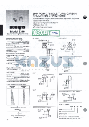 3316 datasheet - 6MM ROUND/SINGLE-TURN/CARBON COMMERCIAL/OPEN FRAME