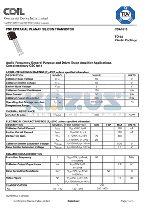 CSA1015O datasheet - PNP EPITAXIAL PLANAR SILICON TRANSISTOR