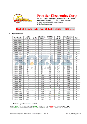 184011R0M datasheet - Radial Leads Inductors (Choke Coil)