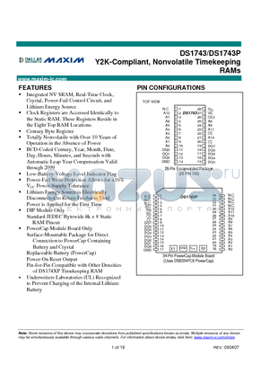 DS1743 datasheet - Y2K-Compliant, Nonvolatile Timekeeping