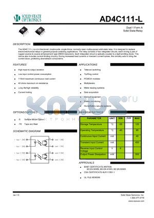 AD4C111-L datasheet - Dual 1 Form A Solid State Relay