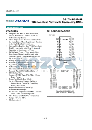 DS1744 datasheet - Y2K-Compliant, Nonvolatile Timekeeping RAMs