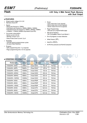 F25S04PA-100DG datasheet - 2.5V Only 4 Mbit Serial Flash Memory with Dual Output