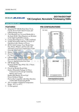 DS1744-70+ datasheet - Y2K-Compliant, Nonvolatile Timekeeping RAMs