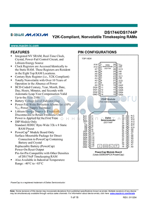 DS1744P-70 datasheet - Y2K-Compliant, Nonvolatile Timekeeping RAMs