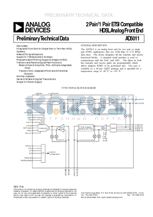 AD5011B datasheet - 2 Pair/1 Pair ETSI Compatible HDSL Analog Front End