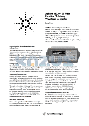 33220A datasheet - Agilent 33220A 20 MHz Function/Arbitrary Waveform Generator