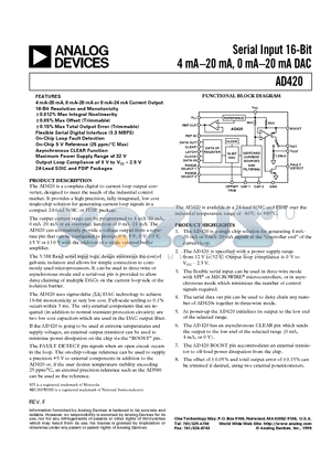 AD420 datasheet - Serial Input 16-Bit 4 mA-20 mA, 0 mA-20 mA DAC