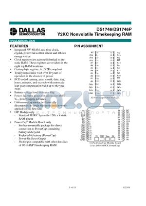 DS1746 datasheet - Y2KC Nonvolatile Timekeeping RAM