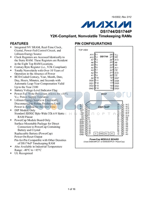 DS1744WP-120IND datasheet - Y2K-Compliant, Nonvolatile Timekeeping RAMs