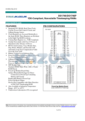 DS1746-70+ datasheet - Y2K-Compliant, Nonvolatile Timekeeping RAMs