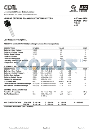 CSA708 datasheet - NPN/PNP EPITAXIAL PLANAR SILICON TRANSISTORS