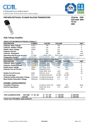 CSA709 datasheet - PNP/NPN EPITAXIAL PLANAR SILICON TRANSISTORS