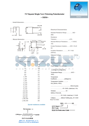 3323U datasheet - 77 Square/ Single Turn /Trimming Potentiometer