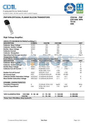 CSA709O datasheet - PNP/NPN EPITAXIAL PLANAR SILICON TRANSISTORS