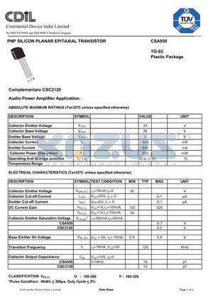 CSA950 datasheet - PNP SILICON PLANAR EPITAXIAL TRANSISTOR Audio Power Amplifier Application