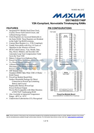 DS1746WP-120IND+ datasheet - Y2K-Compliant, Nonvolatile Timekeeping RAMs